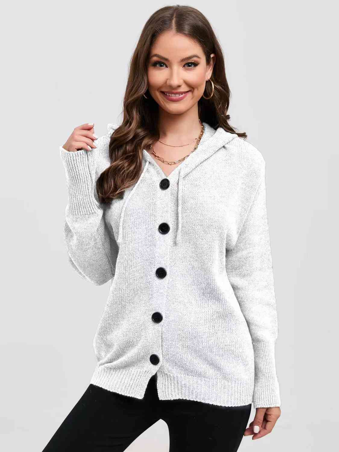 Button Down Drawstring Hooded Cardigan