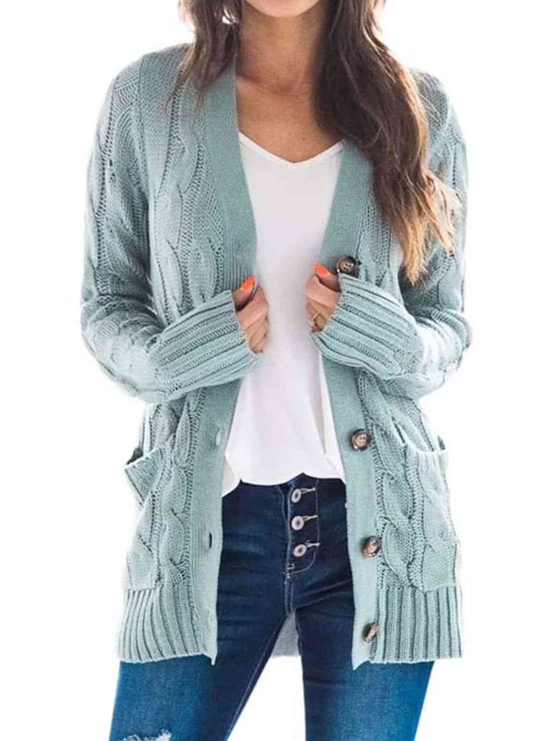 Cable-Knit Buttoned Cardigan with Pockets