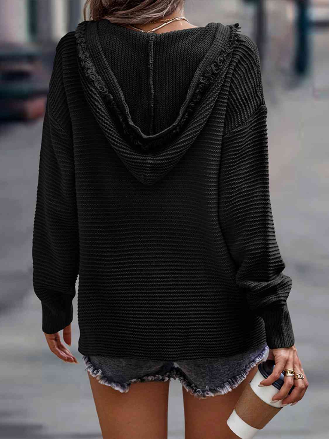 Horizontal Ribbing Hooded Sweater